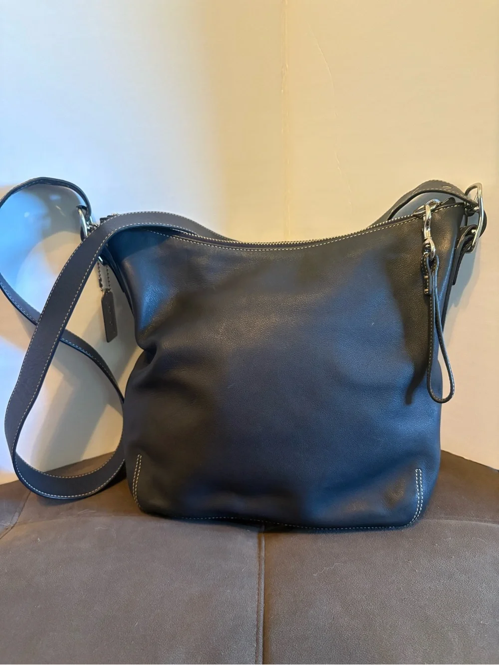 Coach Black Leather Messenger Crossbody with Contrast Stitching